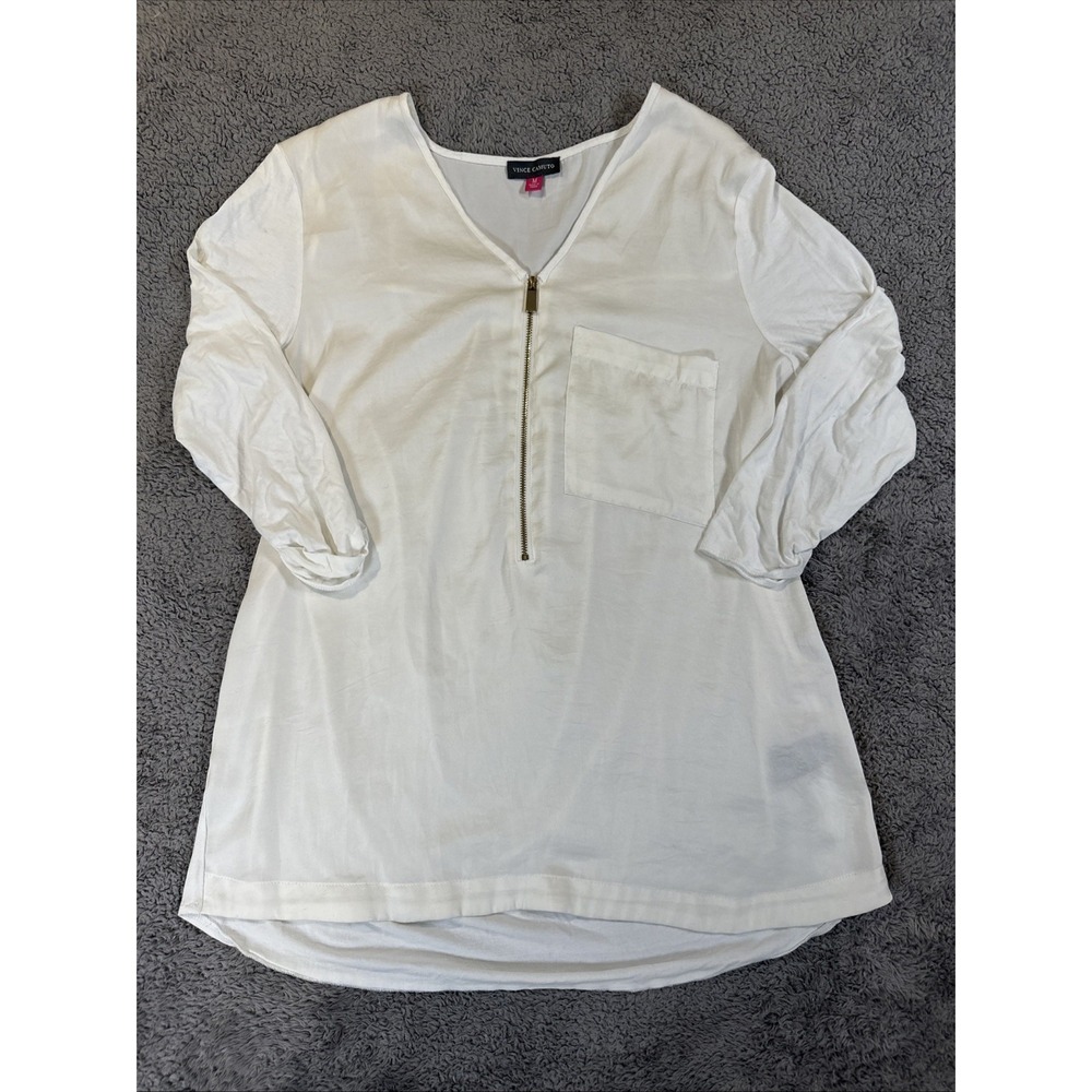 Vince Camuto White Blouse Zipper & Pocket Size M Long Roll Sleeve